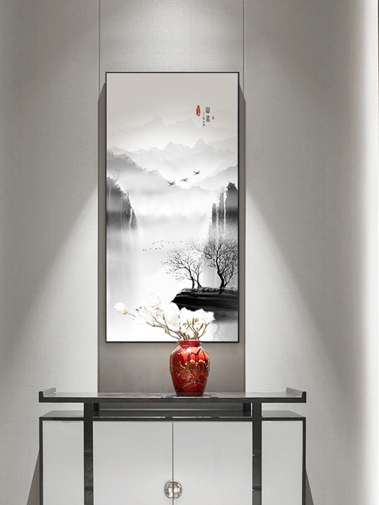 玄关装饰画新中式水墨山水画客厅背景墙挂画走廊竖版国画水墨油画