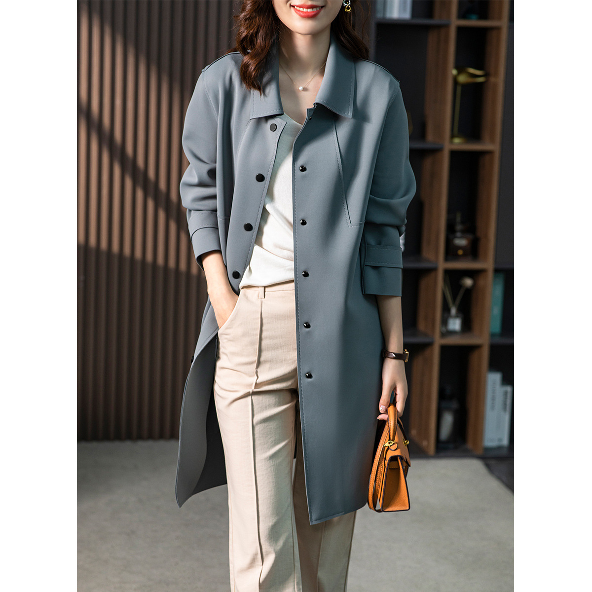 2024春秋风衣外套韩版气质英伦风小个子垂感大衣u83945雾霾蓝