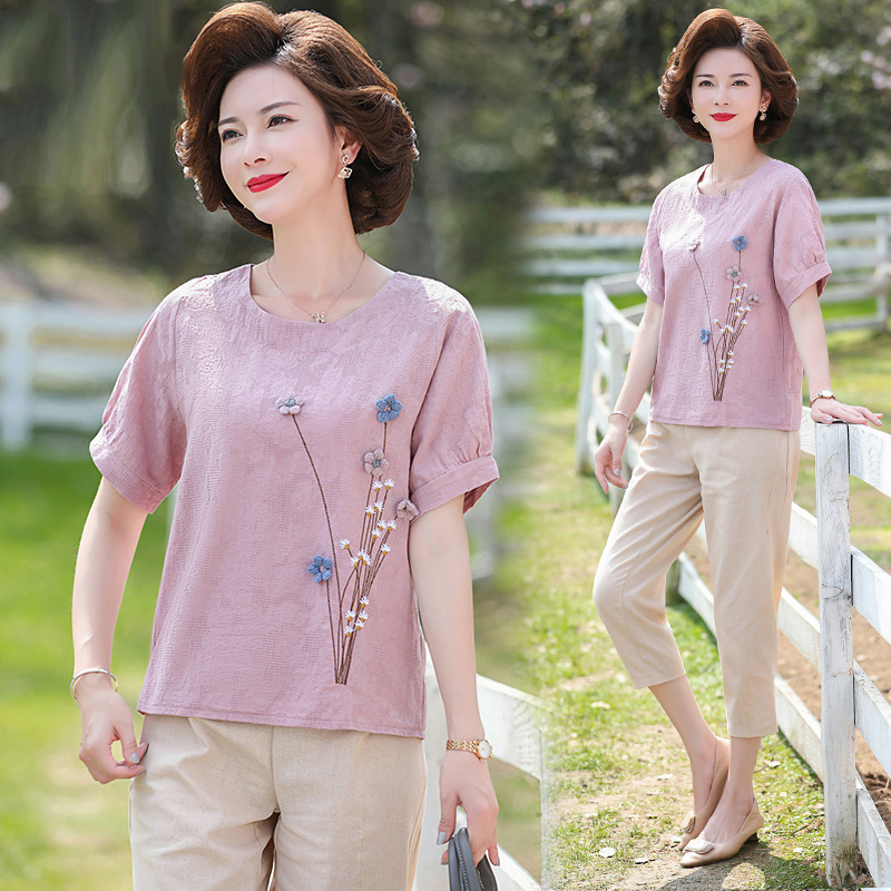 妈妈夏装洋气棉麻上衣中年短袖50岁纯棉t恤中老年人女装两件套装