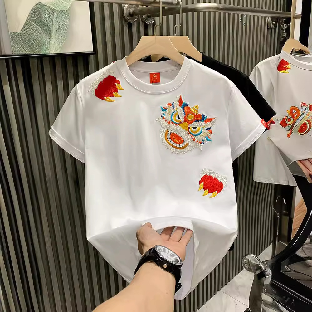 时尚潮牌轻奢男t恤纯棉短袖国潮醒狮印花高级感小众半袖男体恤