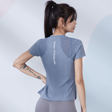 运动短袖女休闲宽松短袖瑜伽服速干跑步健身上衣字母开叉训练罩衫