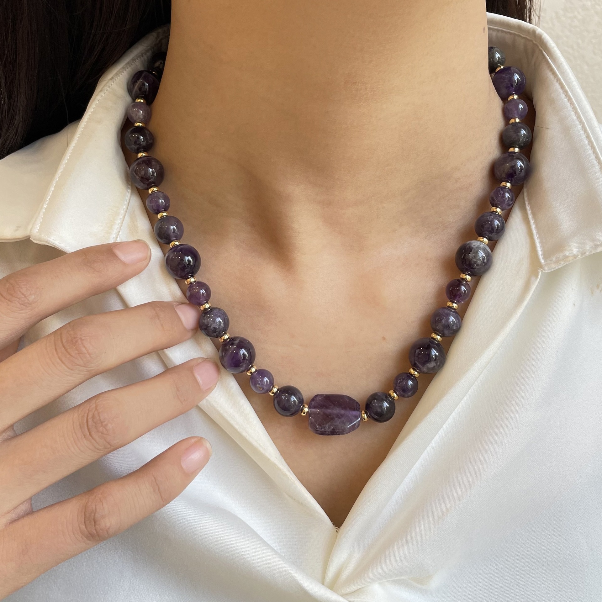 轻奢高级感紫晶石天然石头ins风时尚流行森系清新短款项链女-阿里巴巴