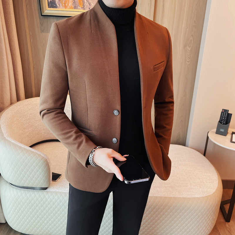 秋冬款男士毛呢外套时尚立领西服中山装男纯色商务休闲男妮子上衣