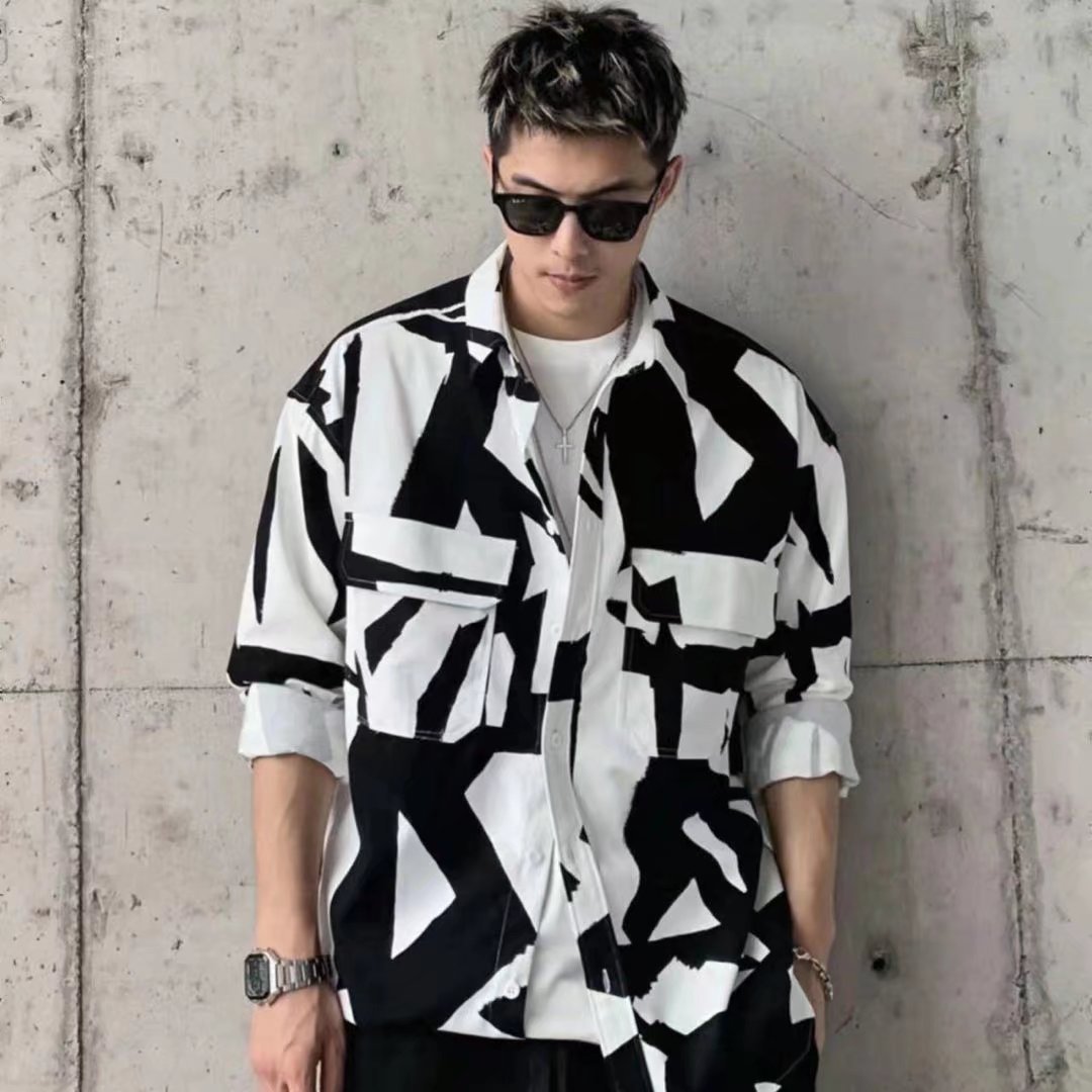 高质量不规则黑白色长袖工装衬衫 潮型男个性帅气 双口袋长袖衬衣