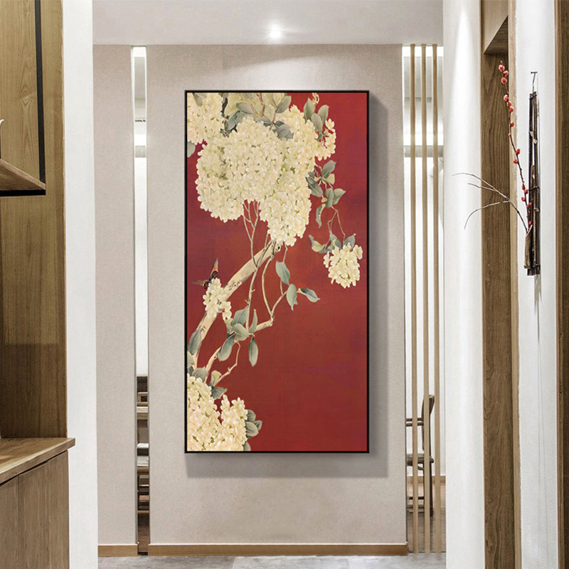 新中式入户玄关装饰画茶室酒店走廊过道挂画花鸟壁画红色喜庆墙画