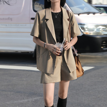 西装短裤套装女夏季薄款短袖西服外套休闲通勤职业装两件套其kj