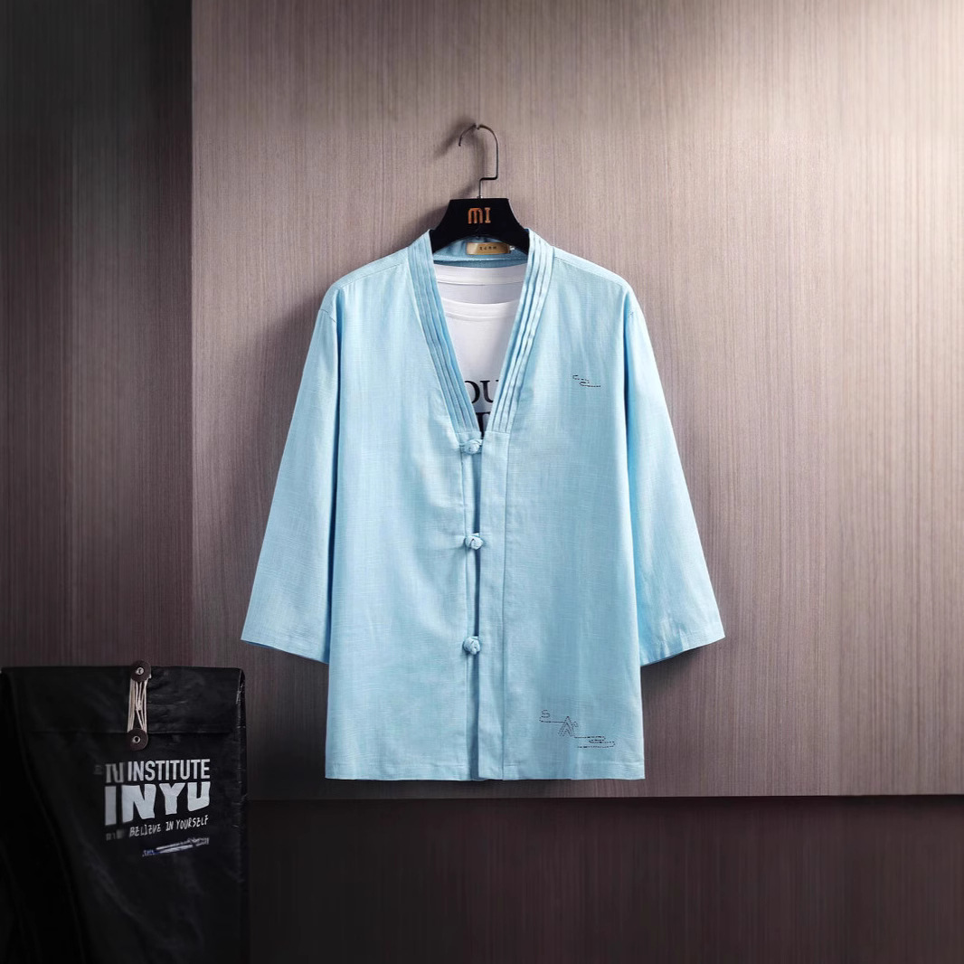 2025夏季中国风亚麻开衫立领T恤棉麻盘扣印花薄款冰丝褶皱t恤男