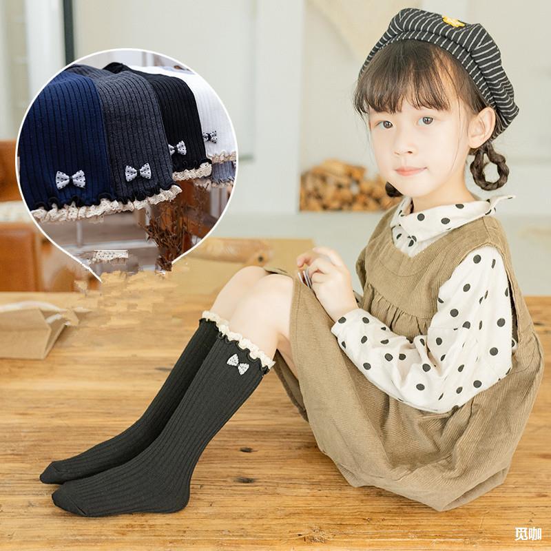女童波点长筒袜蝴蝶结中筒袜过膝盖高筒袜洋气小女孩潮袜半截袜子