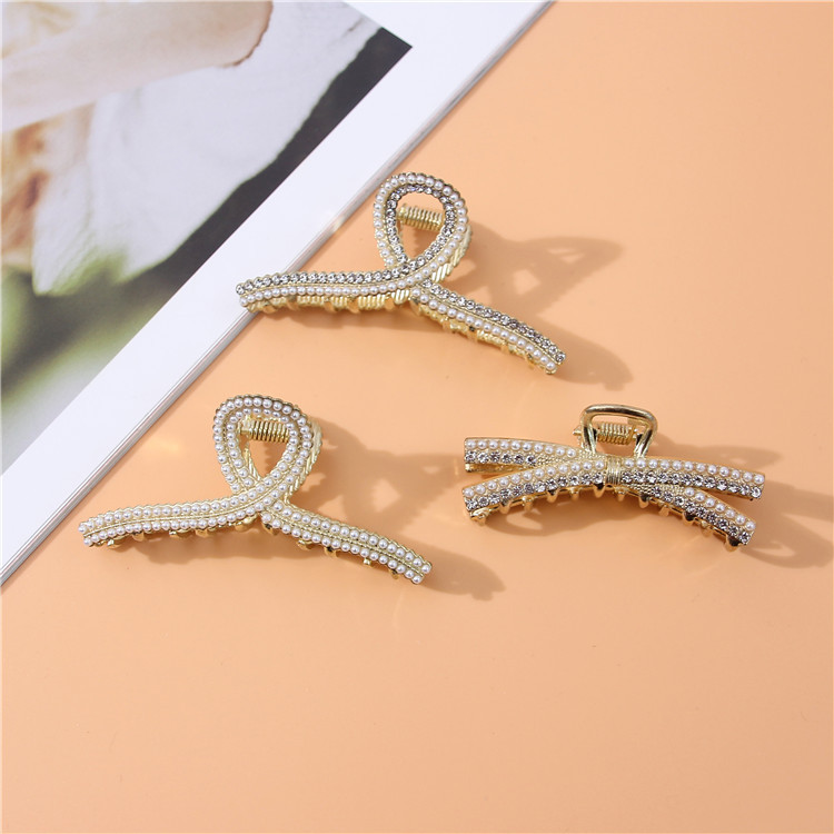 Headdress Wholesale Cross Pearl Hairpin Double Row Pearl Grip Shark Clip Women's Rhinestone Pearl Barrettes