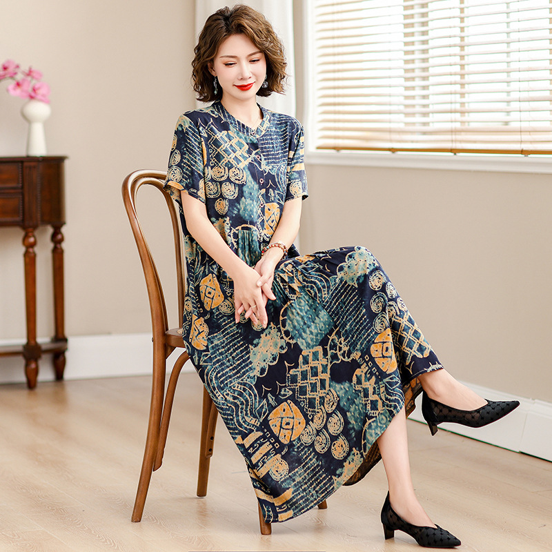 妈妈夏装连衣裙短袖新款薄40岁50洋气大码中老年女装棉绸气质裙子