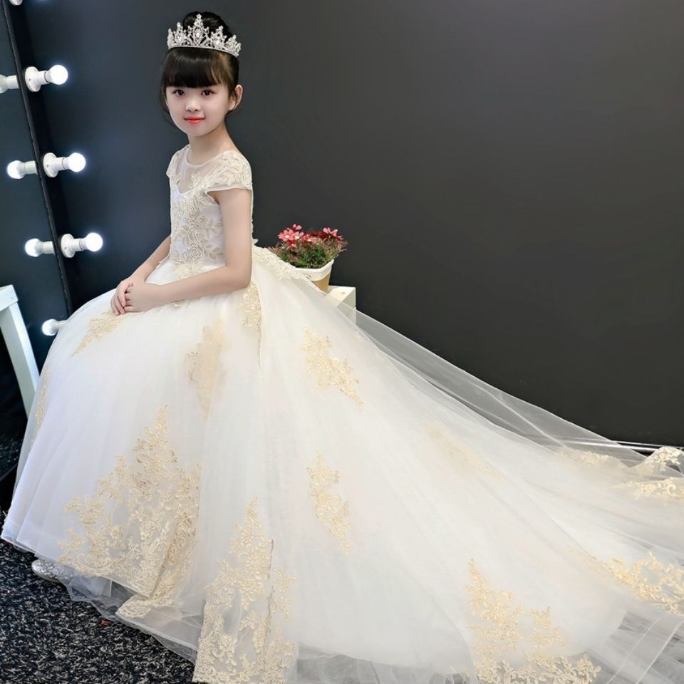 儿童婚纱蓬蓬拖尾走秀礼服女童生日公主裙钢琴演出服高贵晚礼服夏