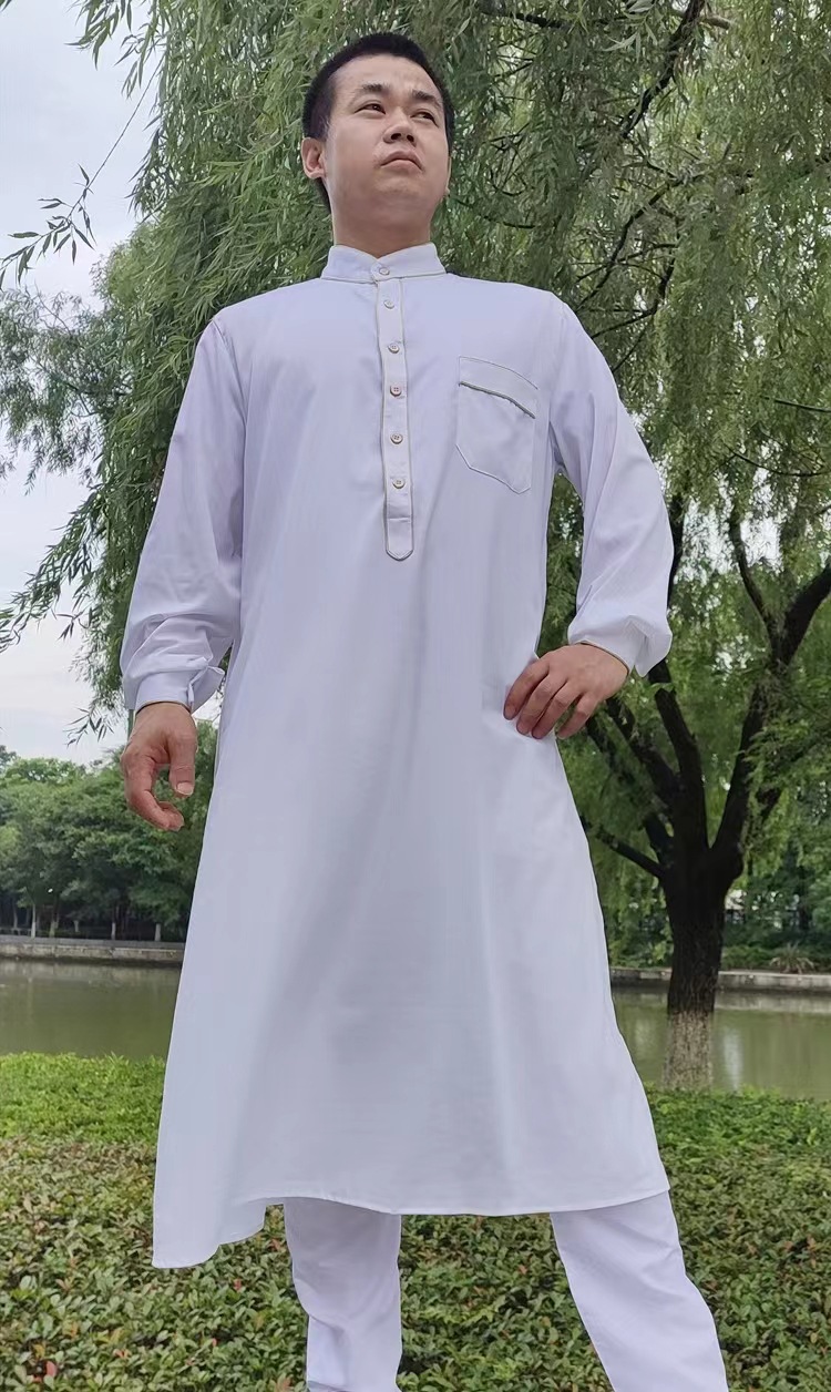 工厂直销现货中东男式白色金边套装巴基斯坦名族风男子两件套长袍