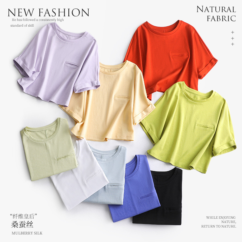 Short High Waist Pocket Navel-Exposed Girl BM Wind-Cool Technology Silky Acetate Mulberry Silk T-shirt Women's Short Sleeve Top