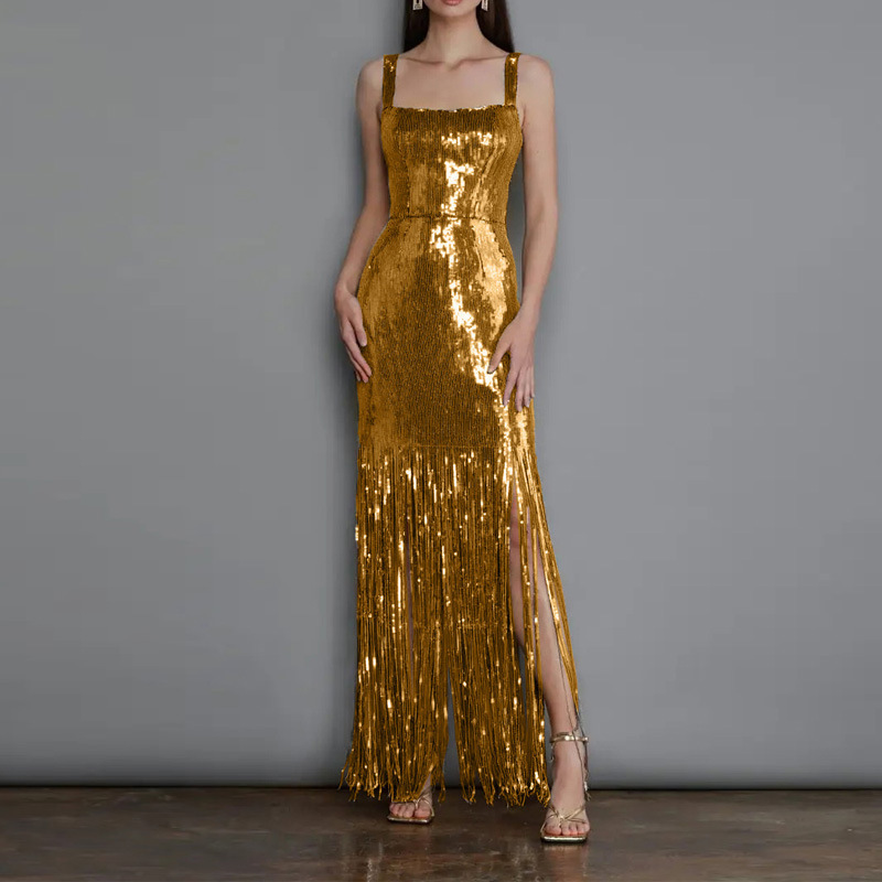 金色吊带流苏礼服-阿里巴巴