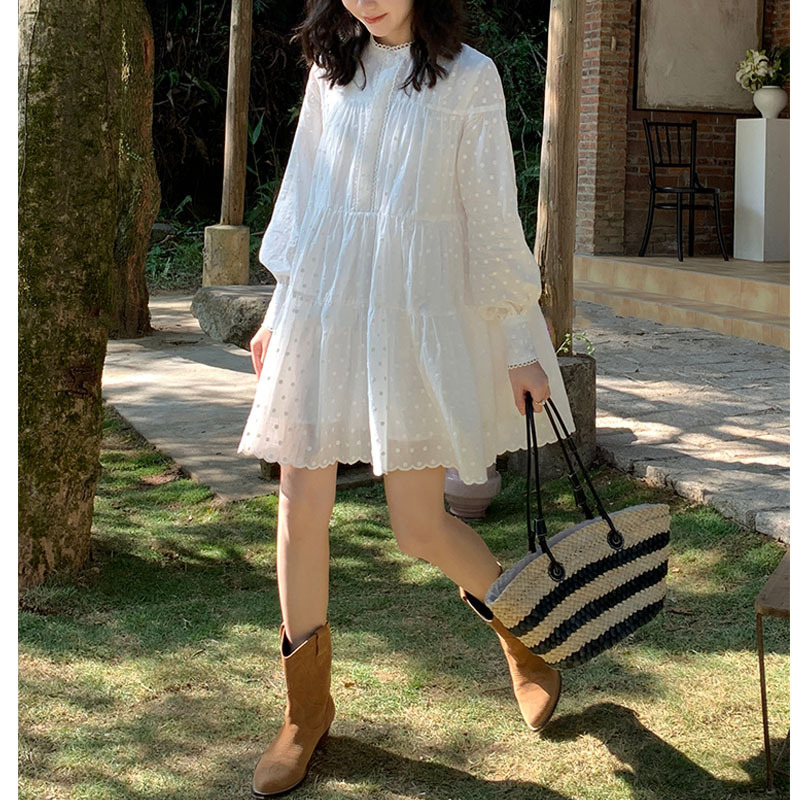 women‘s french white dress 2023 spring and summer new small stand collar embroidered a- line skirt first love dress