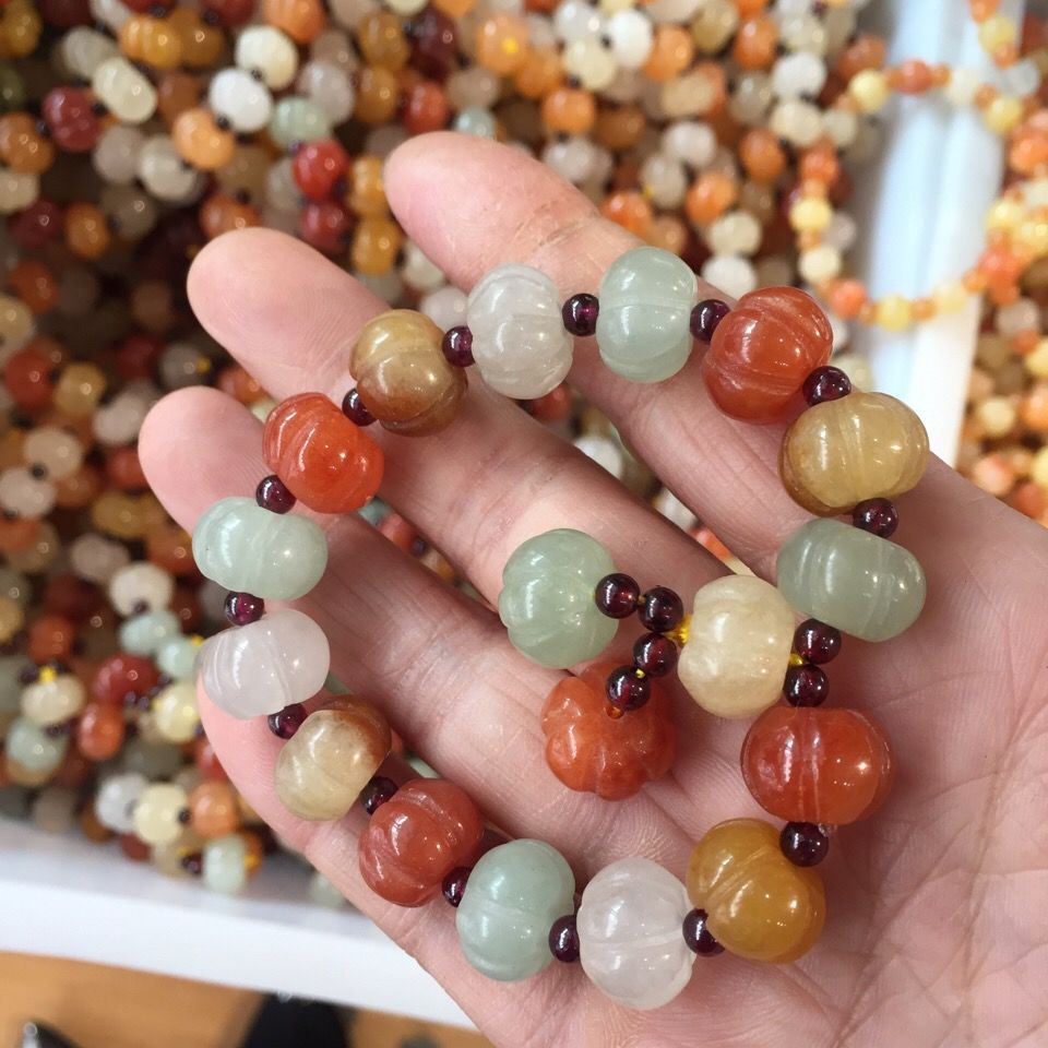 新疆和田玉金丝玉宝石光冰种彩玉手链手串女南瓜珠手链男女款礼物