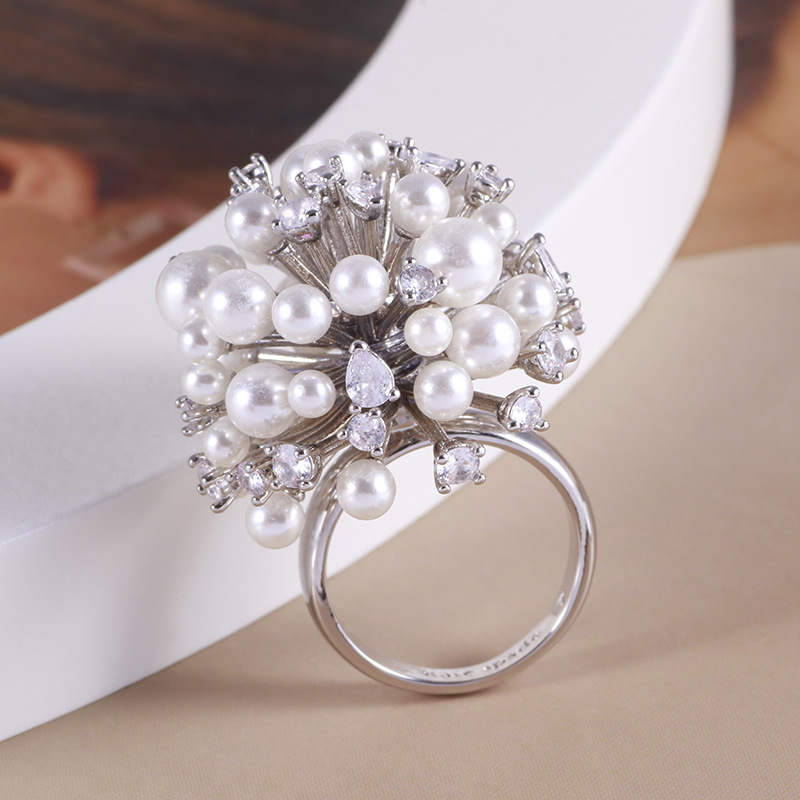 欧美个性时尚满天星烟花造型镶嵌珍珠锆石夸张款戒指女生混批代发