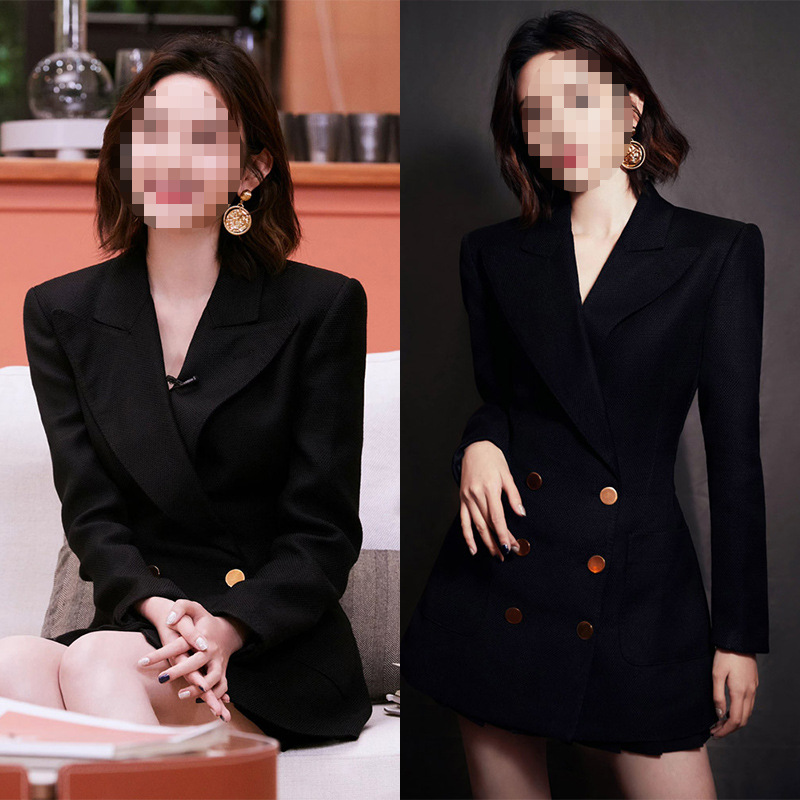 唐艺昕明星同款黑色双排扣收腰西装外套女春季新款气质西服连衣裙