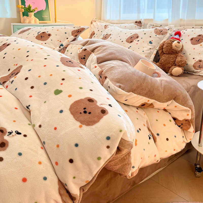 autumn and winter thickening milk fiber four-piece set coral fleece bed sheet quilt cover winter velvet four-piece set flannel three-piece set