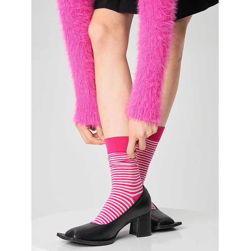 玫红色条纹纯棉袜子女夏季薄款中筒袜ins潮袜粉色条长袜个性批发