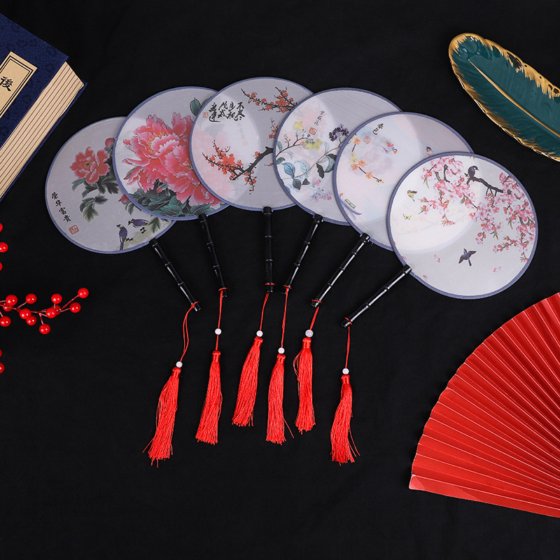 古风扇子仿丝半透明团扇中国古风扇榉木手柄流苏团扇印花宫廷扇