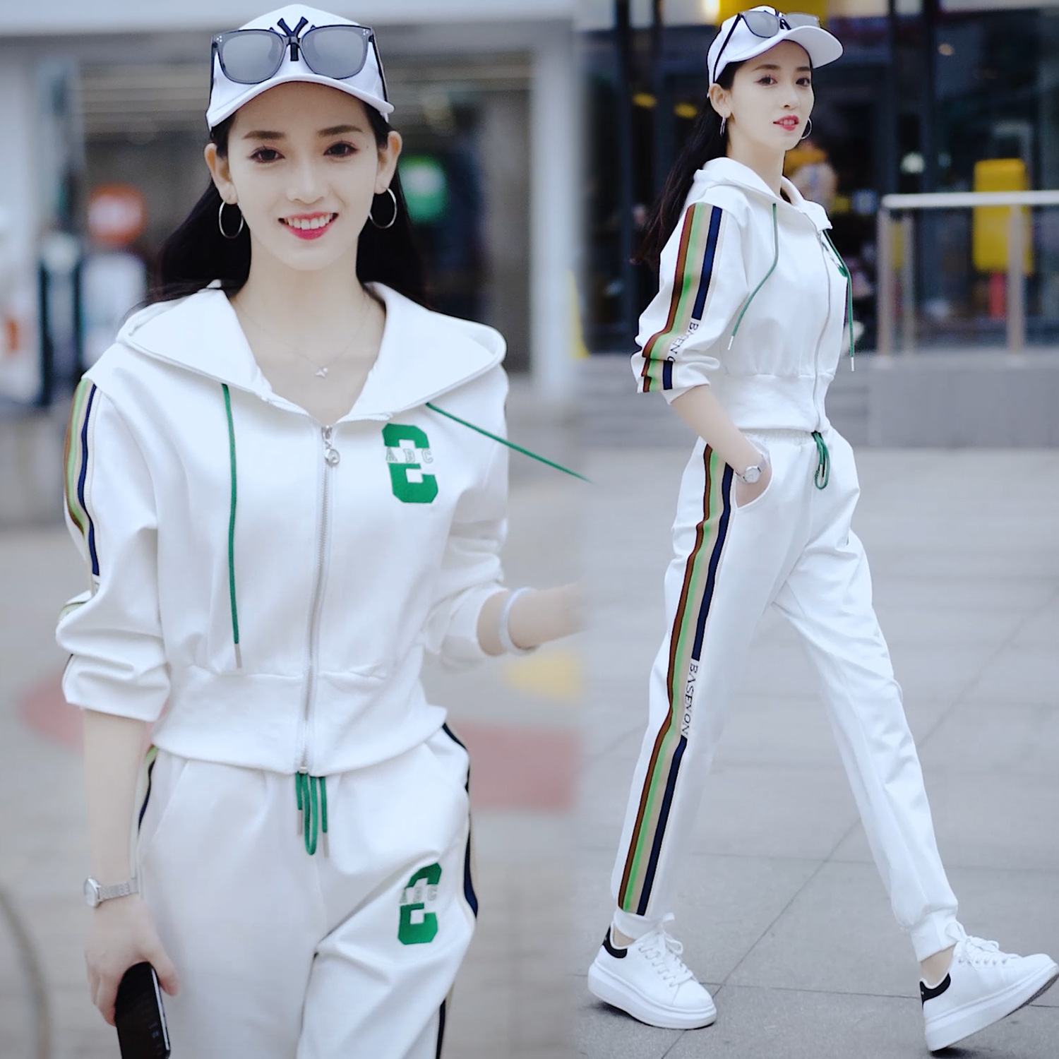 休闲运动套装女早春2023今年流行三条杠时尚运动服春秋跑步两件套