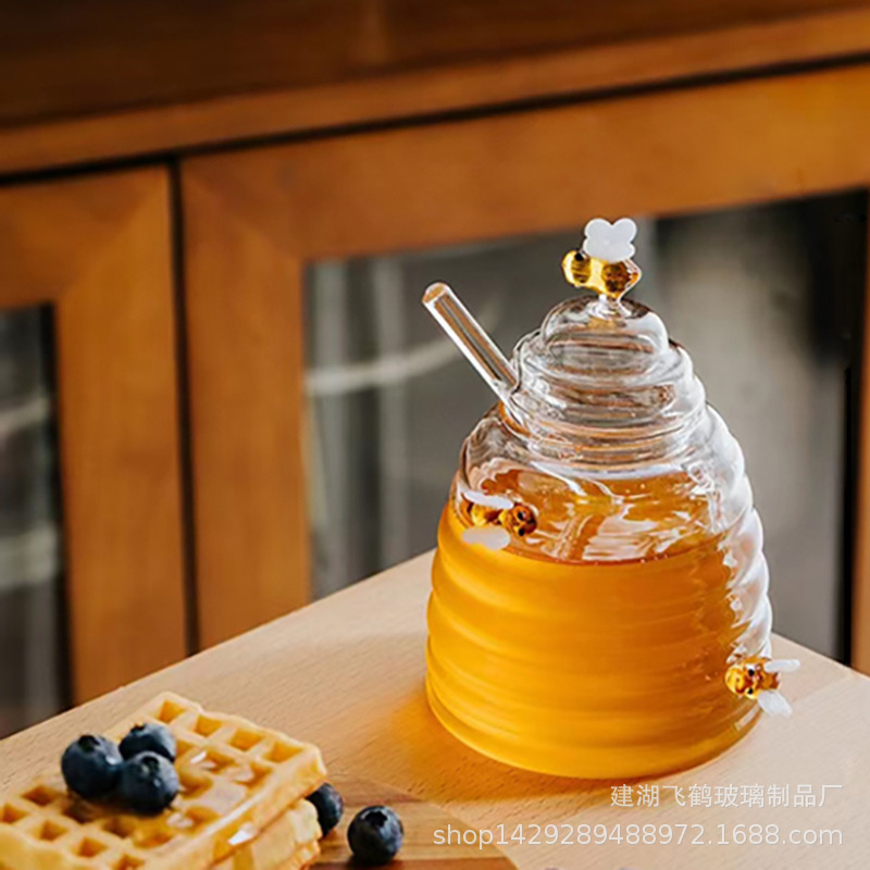 创意可爱蜂巢蜂蜜罐家用透明玻璃蜜蜂罐带盖高硼硅玻璃搅拌棒厂家