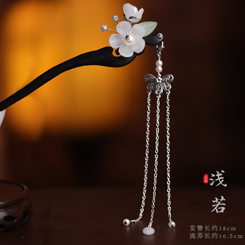 新中式旗袍古风发簪女花朵后脑勺盘发神器发钗檀木簪子中国风写真