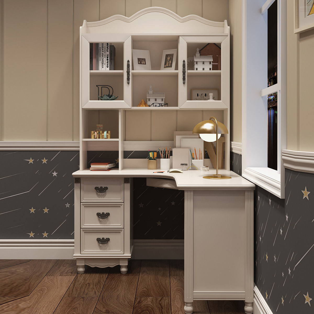 美式儿童转角书桌韩式田园卧室电脑桌家用实木写字台书柜书架组合