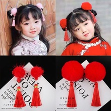 红色毛球发夹对夹中国风汉服可爱儿童顶夹喜庆发饰头饰表演宝宝夹