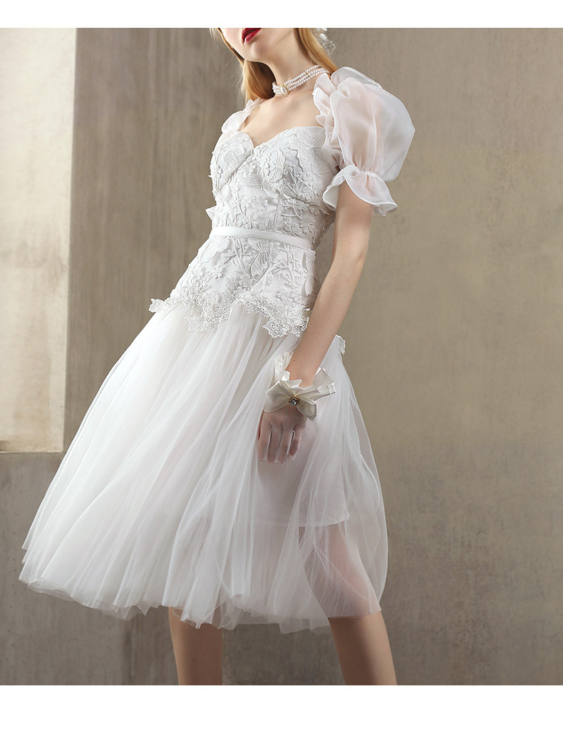 仙女连衣裙薄款泡泡袖气质方领蕾丝拼接网纱中长款白色礼服裙婚纱