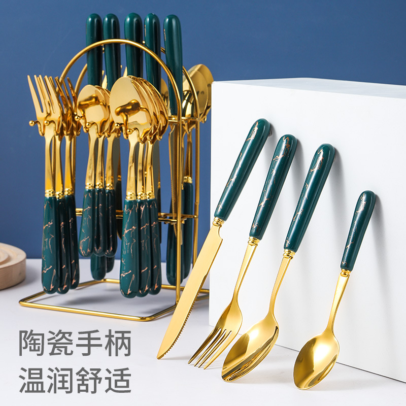 Marbling 24-Piece Tableware Rack Ceramic Handle Knife, Fork and Spoon Tableware Gift Box Set Western Food Nordic Style Tableware