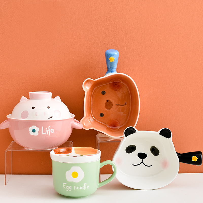 Cute Cartoon Porcelain Handle Bowl Underglaze Fruit Salad Bowl Ramen Bowl Microwaveable Oven Household Tableware