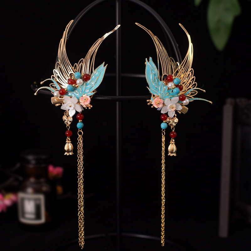原创设计古风流苏头饰明制汉服搭配仙气景泰蓝凤凰步摇簪发钗发饰