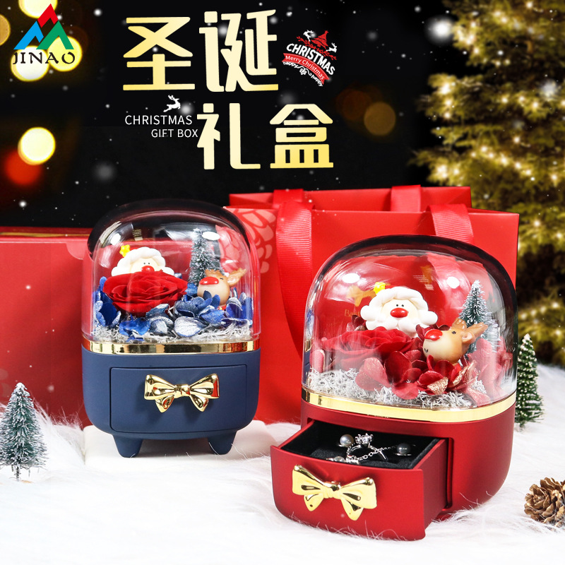 New Christmas Old Man High Transparent Eternal Flower Gift Box Bow Acrylic Ring Necklace Jewelry Box