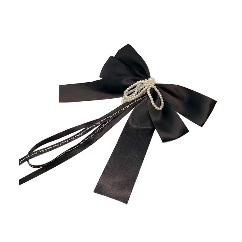 Black Big Bow Satin Ribbon Hairpin Female Summer Back Head Pearl Edge Clip Super Fairy French Top Gap Former Red