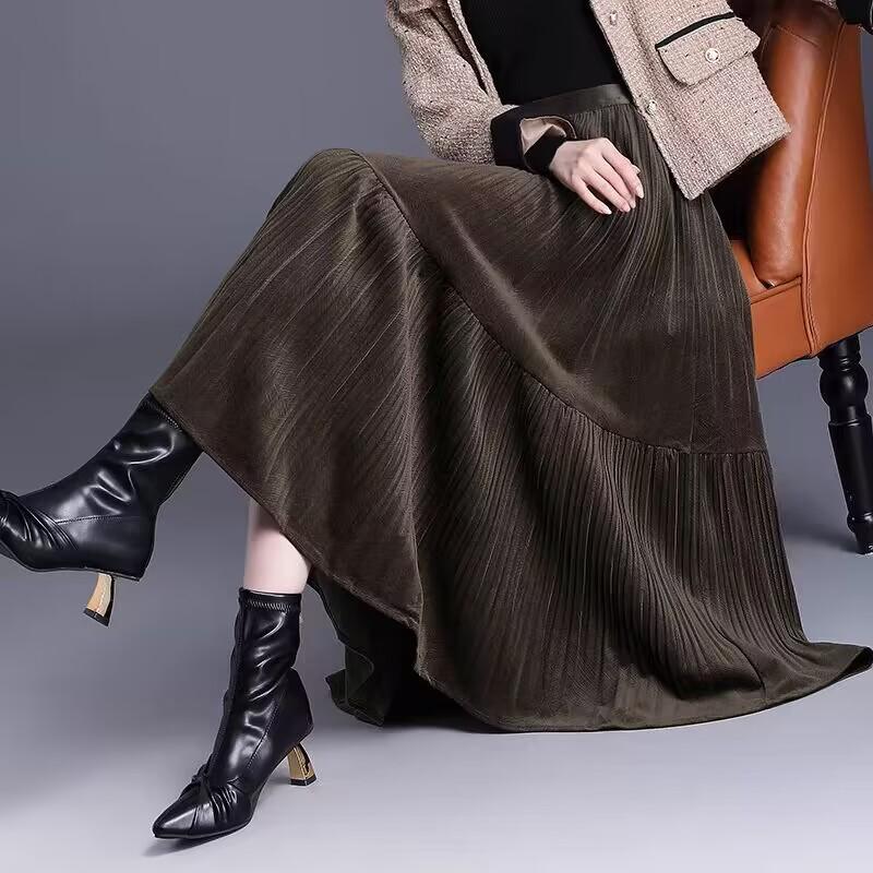 加厚金丝绒百褶裙垂感高腰半身裙冬季新款中长字时尚大摆伞裙子