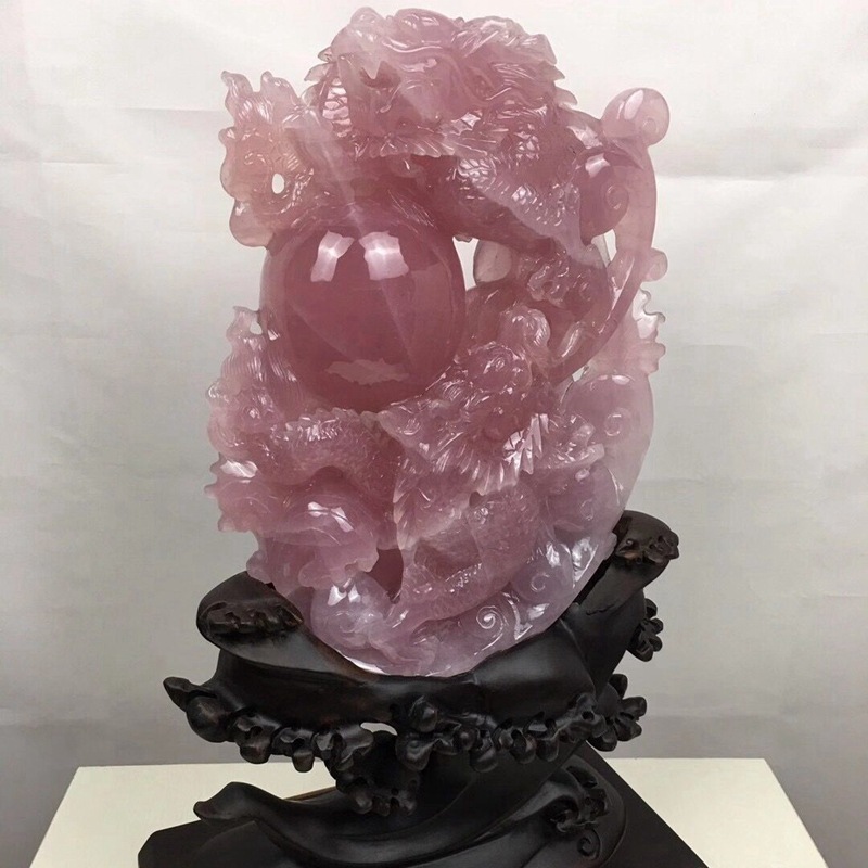 鸿硕晶收藏款天然粉水晶龙摆件原雕刻石双龙戏珠家居办公开业礼品