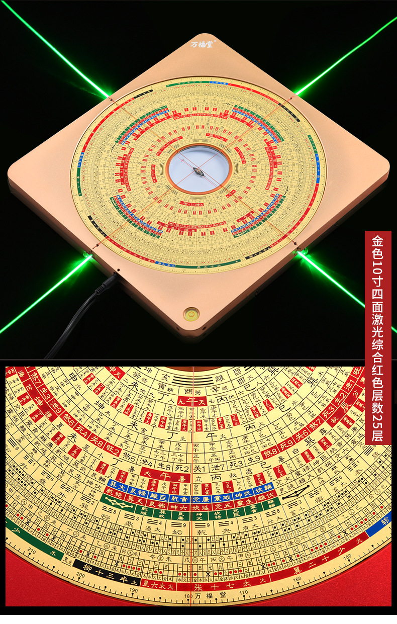 厂家直销 万福堂激光罗盘四面绿光综合盘三合盘三元盘纯铜高精度