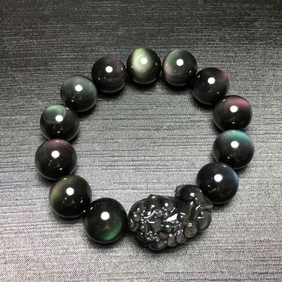 天然墨西哥双彩虹眼黑曜石三钱貔貅男女士款手链水晶皮休手串批发