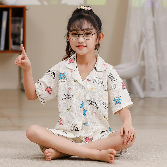 跨境2023女童睡衣夏季新款短袖韩版女童卡通开衫家居服儿童睡衣夏