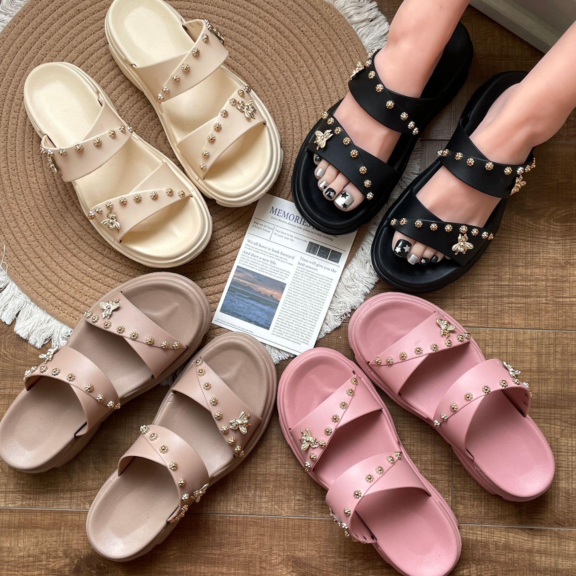 休闲拖鞋厚底 外贸新款百搭女款凉拖鞋增高时尚珍珠拖鞋-阿里巴巴