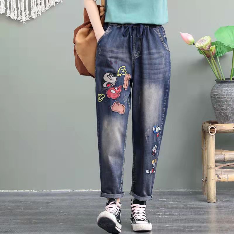 Export Foreign Trade Jeans Women Loose 2022 Spring New Elastic Waist Casual plus Size Paste Cloth Embroidery Harem Pants