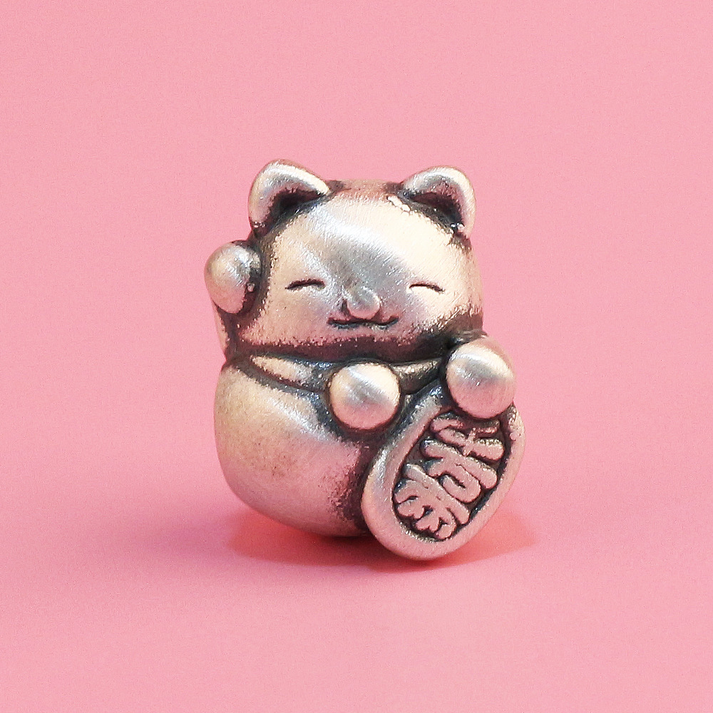3d硬银999银可爱千万两招财猫咪转运珠 银饰配珠串珠编绳皮绳配件