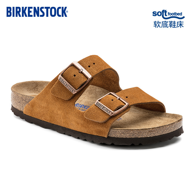 Birkenstock Cork Sole Slippers Men's and Women's Same Frosted Leather Double-Breasted Two-Word Slippers Retro Birkenstock Shoes
