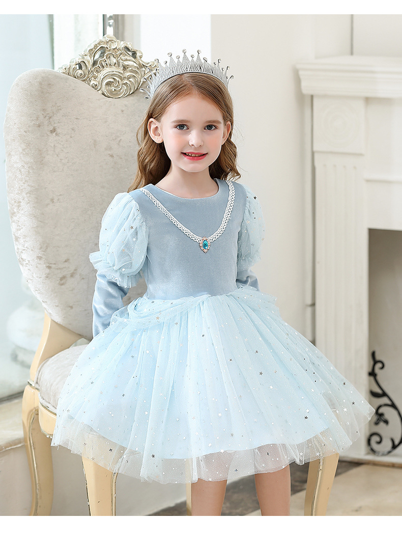 小女孩洋气蓬蓬纱裙女童公主裙六一儿童小公主花童礼服浅蓝色童裙