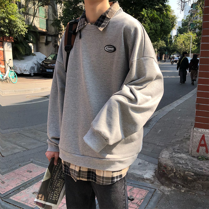 春季港风假两件卫衣男连帽情侣中学生韩版宽松潮流运动装男士外套