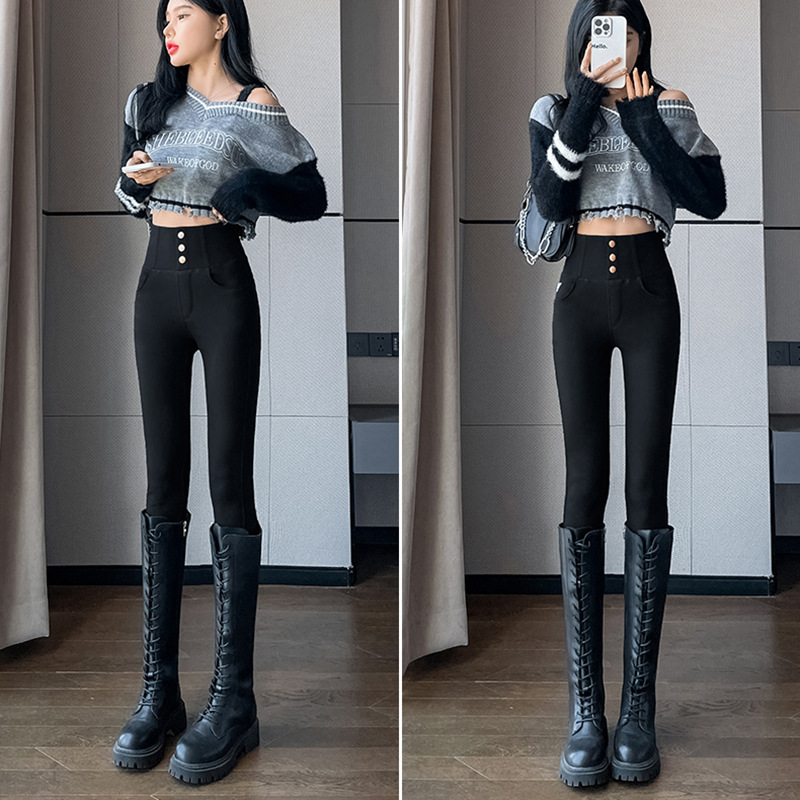 2023 Winter New Black Leggings Magic Pants Leggings Women's Pants Outer Wear Fleece-lined Thick Pencil Three-Button High Waist