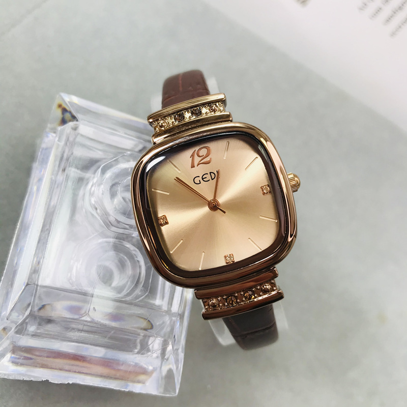 gedi歌迪手表女士小方糖小方表咖色真皮防水学生女表抖音直播爆款