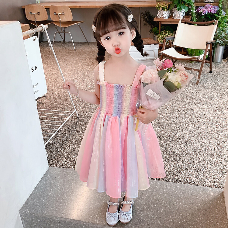 女童吊带彩虹连衣裙夏季新款2024小女孩儿公主裙薄款时髦洋气外贸